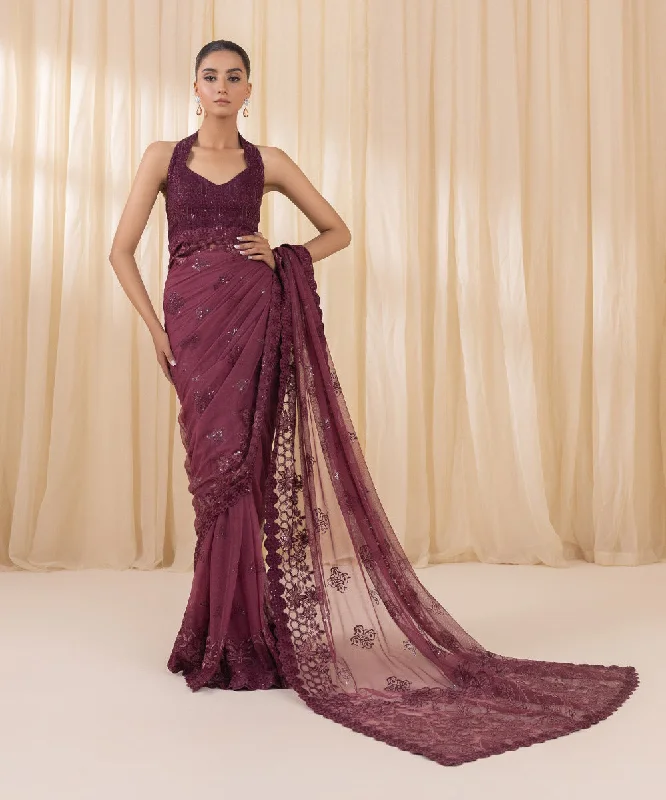 3 Piece -  Embroidered Net Saree