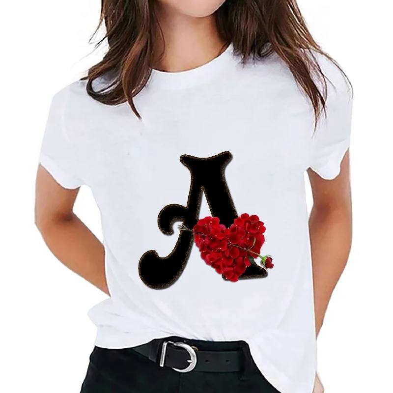 Amy Fashion - Flower Letter Font Short Sleeve Ladies T-Shirt