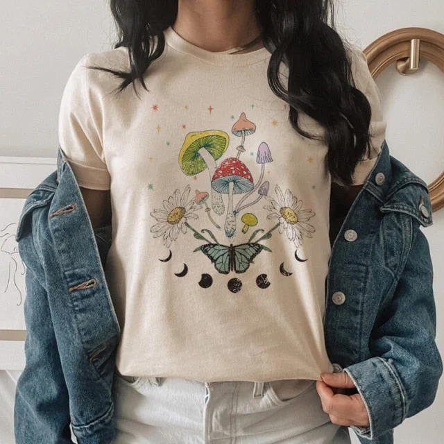 Amy Fashion - Women Causual Comfy Mushroom Print Oversized T-Shirt