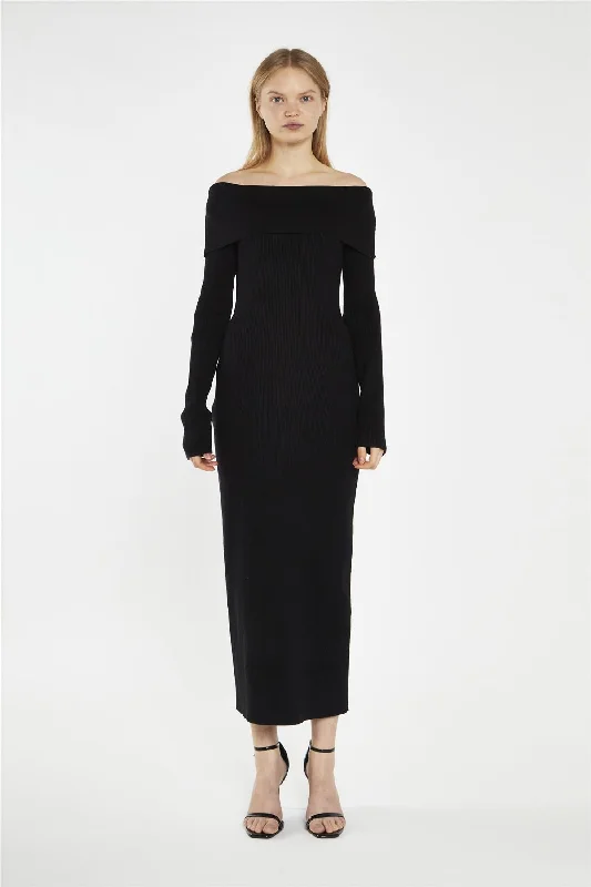 Black Bardot Knitted Midi-Dress