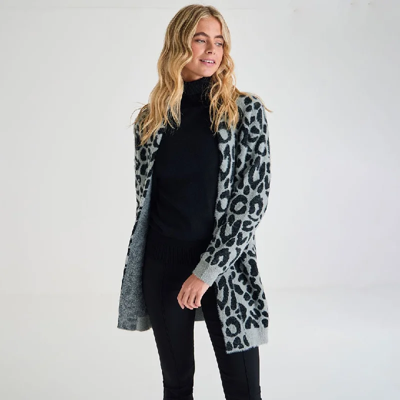 Ladies Grey Leopard Cardigan