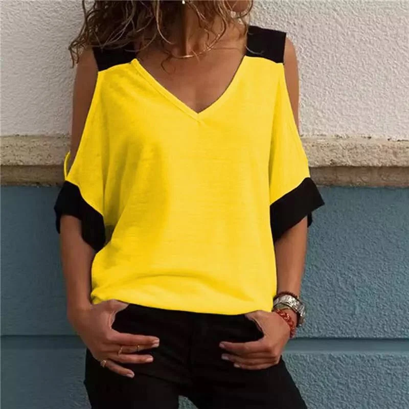 Amy Fashion - Women's Patchwork Cold Shoulder T-shirt