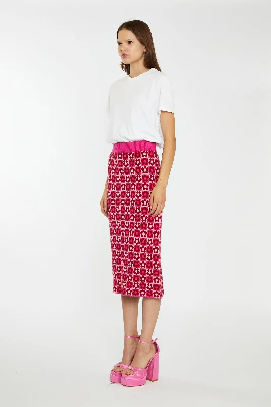 Red-Pink Flower Check Intarsia Knit Midi-Skirt