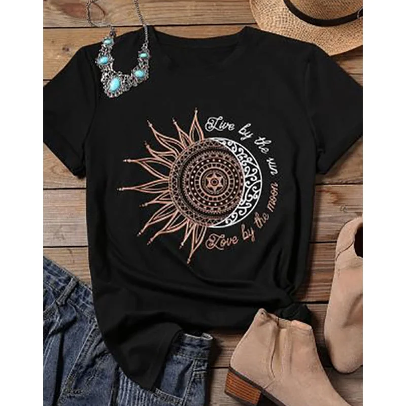 Amy Fashion - Casual Fashion Letter Sun Moon Print T-shirt