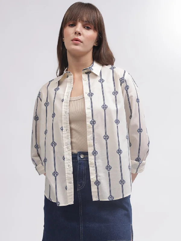 Gant Women White Printed Spread Collar Full Sleeves Shirt