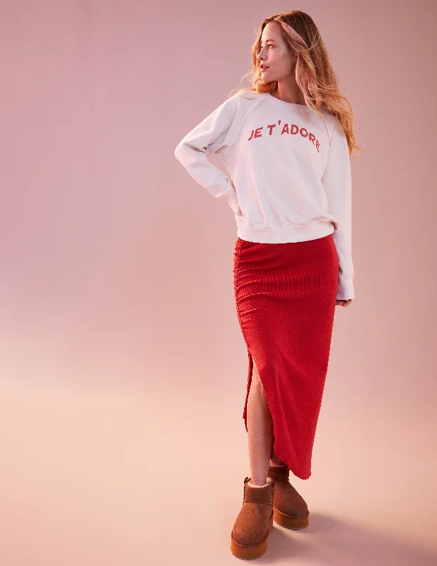 Sundry Shirred Midi Skirt in Flare Red