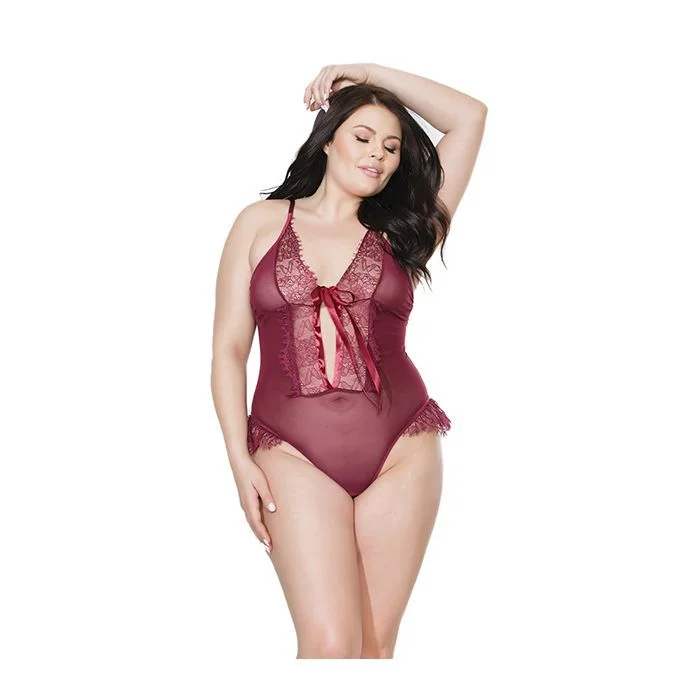 Bold Mesh & Fine Lace Crotchless Teddy Merlot - Queen