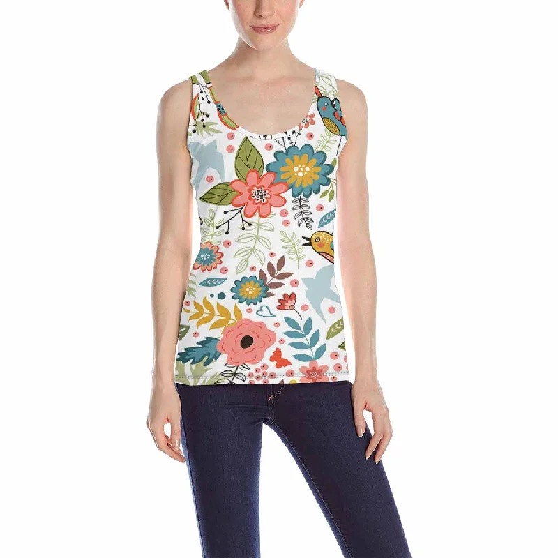 Women's Tank Top print with Colorful blooming flowers birds pattern