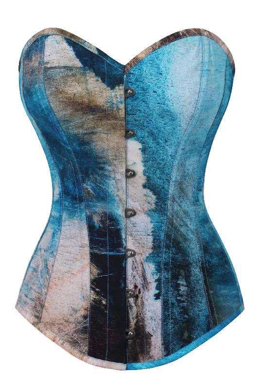 Abstract Brushed Opal Blue and Sand Longline Overbust Corset