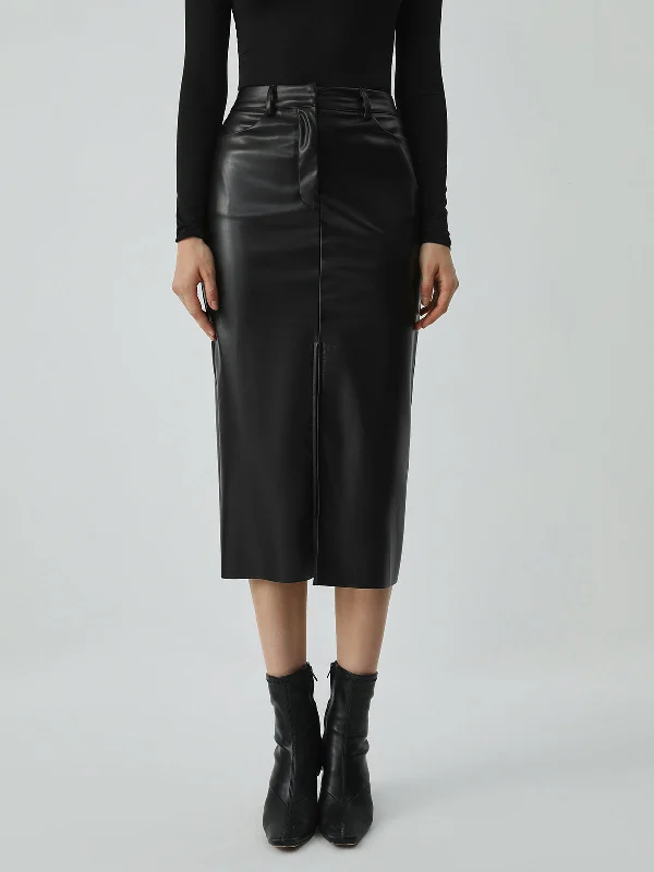 BerryBetty - Faux Leather Pockets Midi Skirt