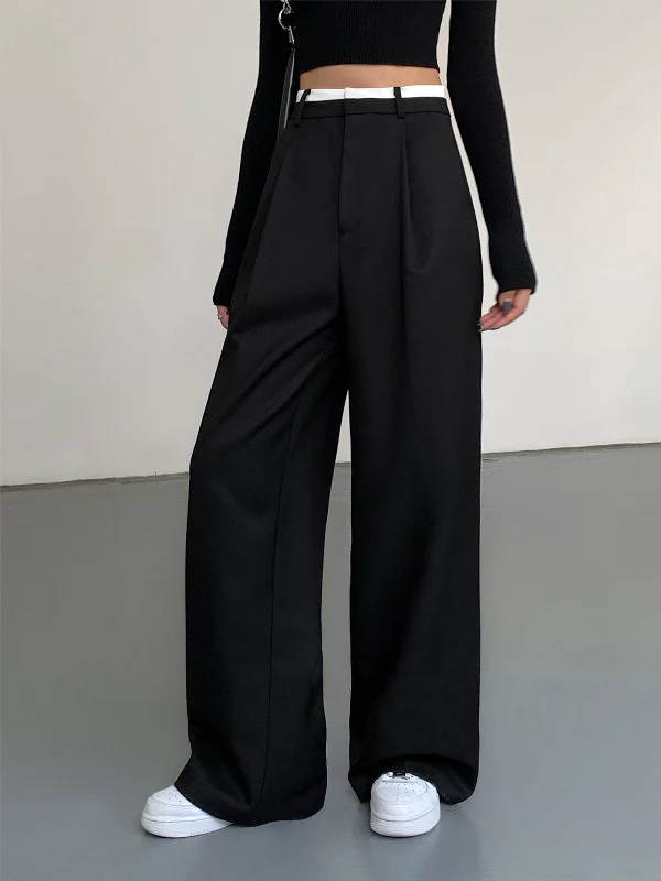 BerryBetty - Full Length Contrast Trim Wide Leg Pants