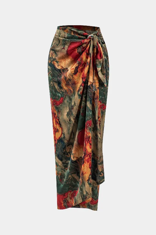 Satin Floral Print Tie Front Skirt