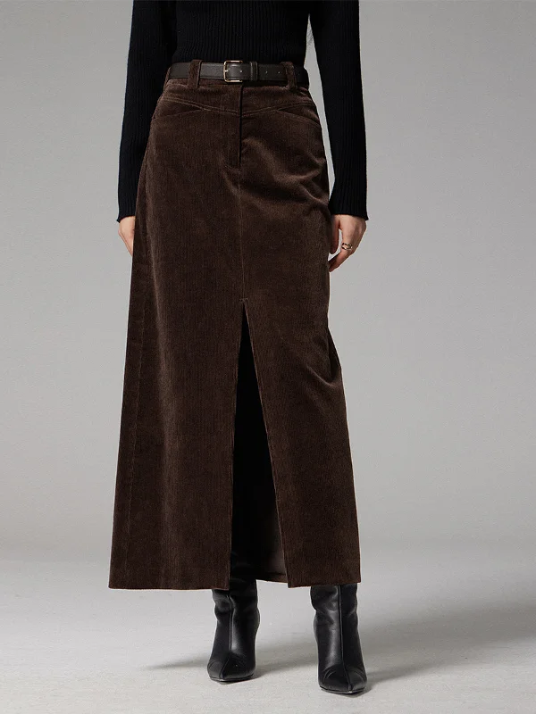 BerryBetty - Pockets Corduroy Slit Maxi Skirt