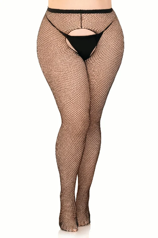 1404Q Ginny Plus Fishnet Crotchless Pantyhose - Queen