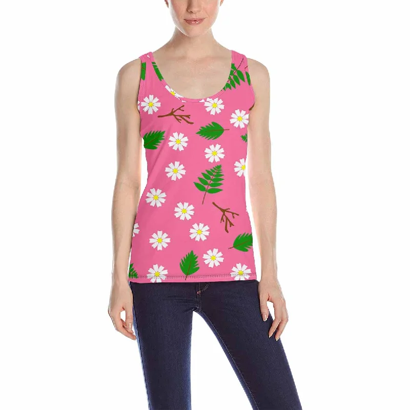 Women's Tank Top print with white flower green leave pattern