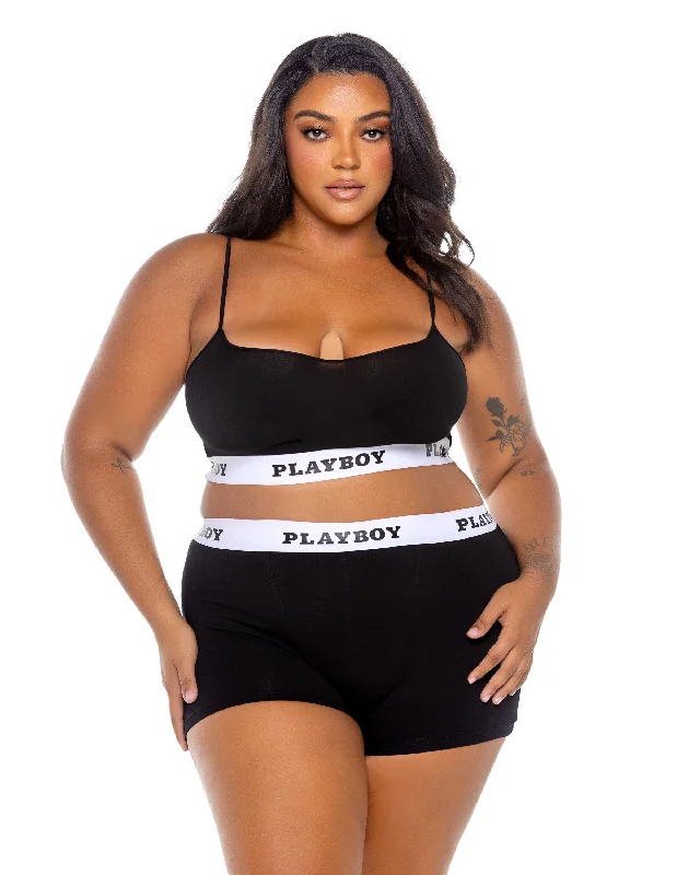 Playboy Bunny Sport Lounge Bralette Bra Set Jersey Knit Black Plus Size