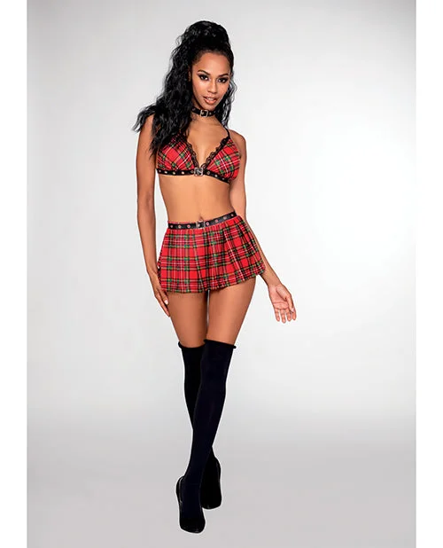 3 Pc Detention Hall Hottie Bralette, Mini Skirt & Choker Red Plaid O-s