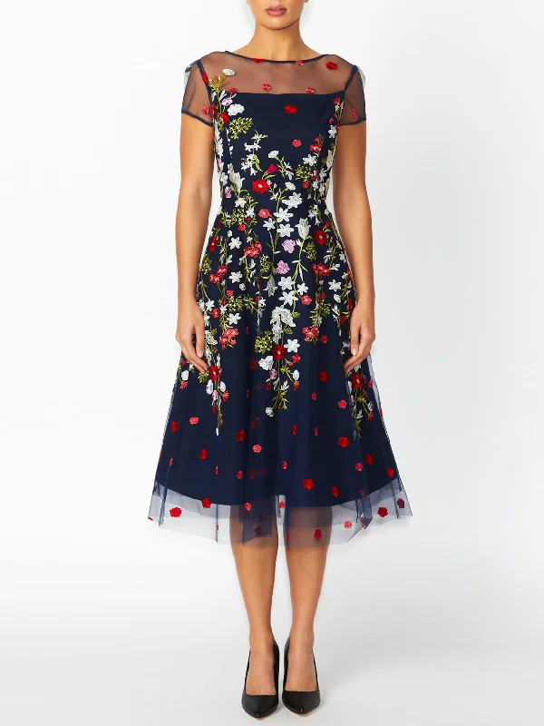 Leila Navy Embroidered A-Line Dress