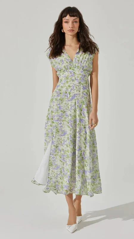 V-NECK PLEATED DRESS - Green Lavender Floral