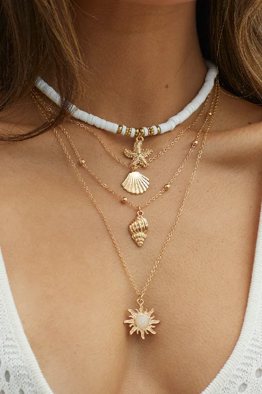 South Pacific Shell Starfish Multi-Layer Necklace Gold