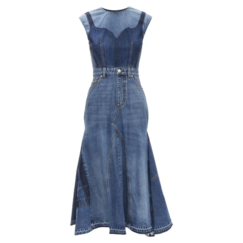 Alexander McQueen Runway washed denim shadow bodice midi dress