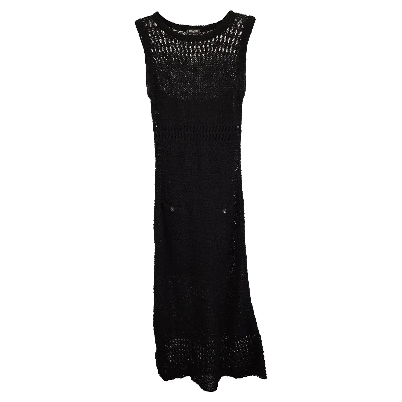 Chanel by Virginie Viard Crochet Midi Camélia Sleeveless Dress in Black Viscose