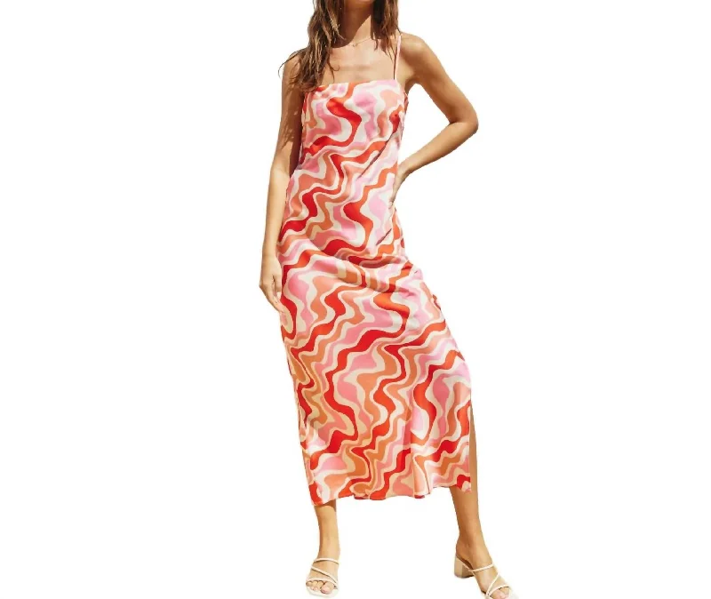 Groovy Draped Midi Dress In Coral Multi