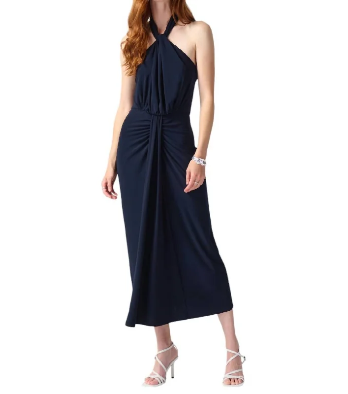 Halter Midi Dress In Midnight Blue