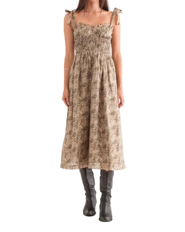 Kenny Smocked Bodice Midi Dress In Olive