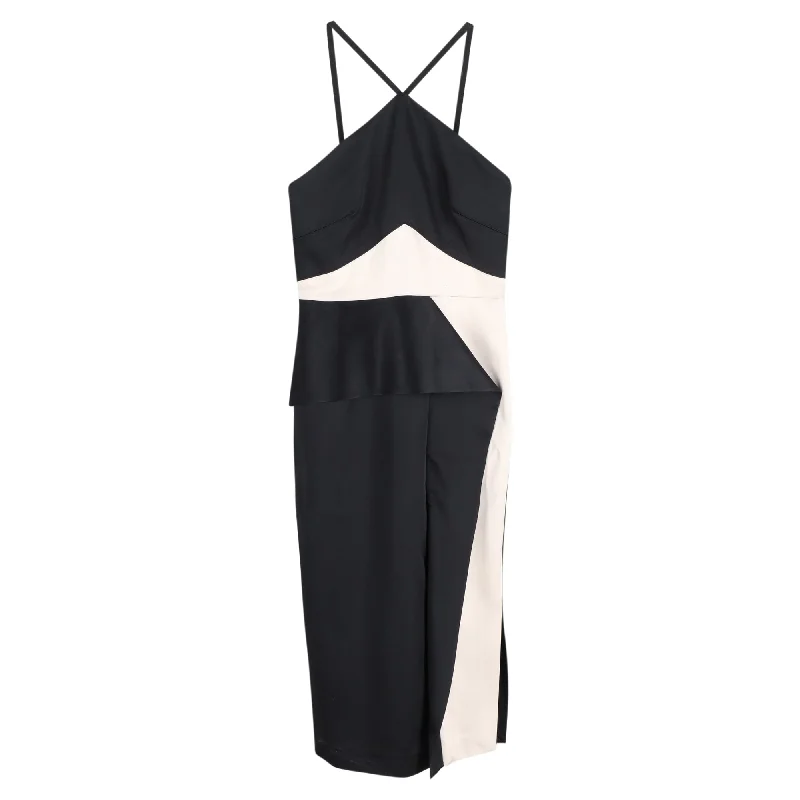 Roland Mouret Midi Bartlow Two-Toned Halter Neck Dress in Black and White Satin