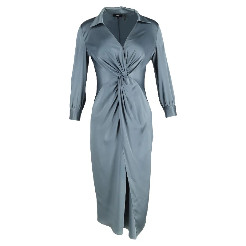 Theory Midi Twisted Detail Collared Long Sleeve Dress in Blue Satin