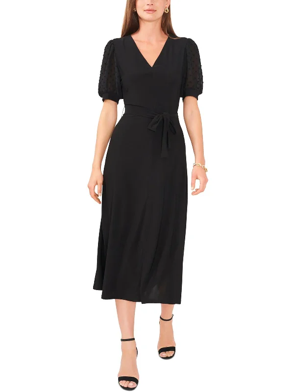 Womens V-Neck Puff Sleeve Midi Dress