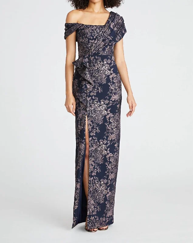 Amaris Jacquard Column Gown In Nautical Navy / Rose Gold