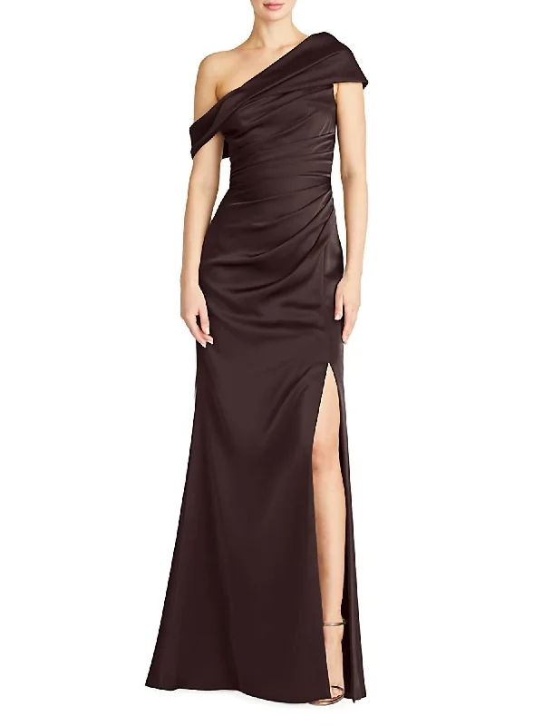 Celia One Shoulder Draped Gown In Celia Chocolate