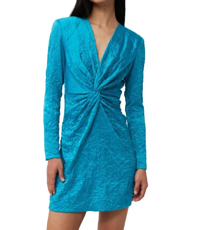 Crinkled Satin Gathered Knot Mini Dress In Algiers Blue