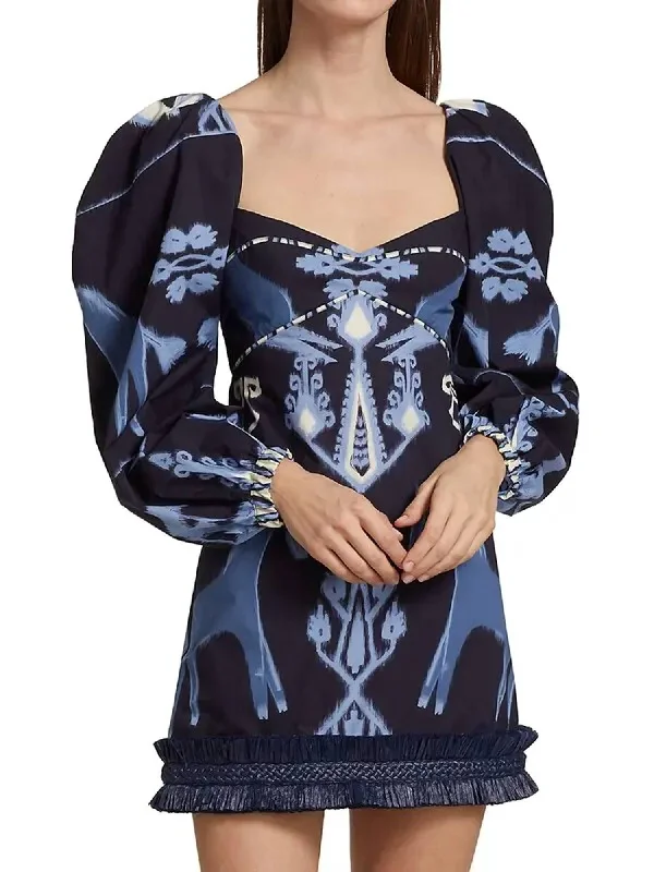 Horse Mini Print Dress In Ikat Blue