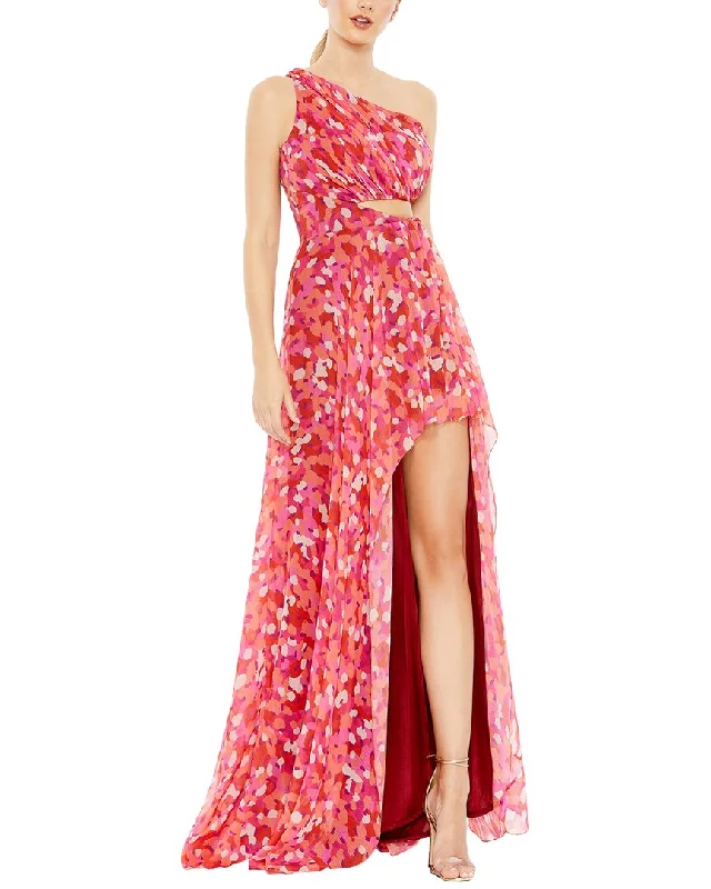 Mac Duggal Printed One-Shoulder Cutout High-Low Gown