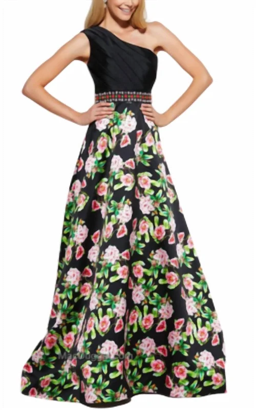 One Shoulder Floral Ballgown In Black Multi