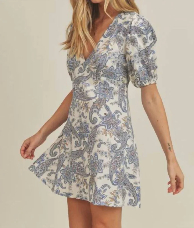 Paisley Printed Mini Dress In Blue Multi