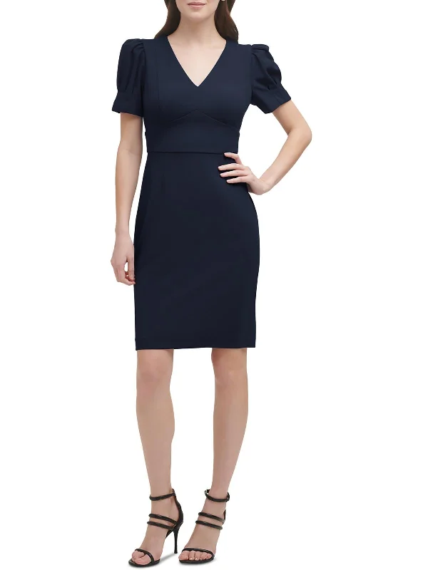 Petites Womens Puff Sleeve Mini Sheath Dress