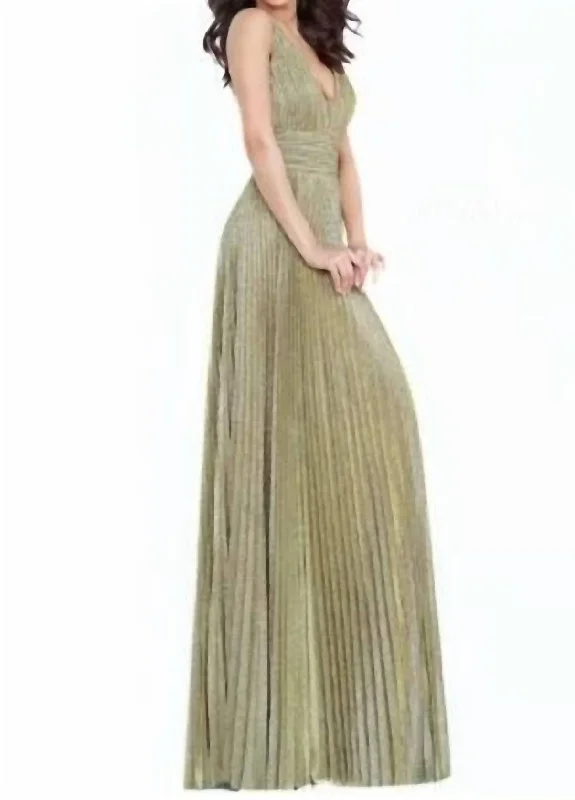 Pleated Glitter Gown In Gold