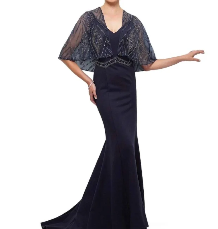 Sleeveless Crepe Fit And Flare Gown With Cape In Navy