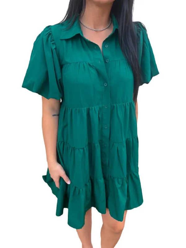 Sydney Solid Button Up Tiered Mini Dress In Green