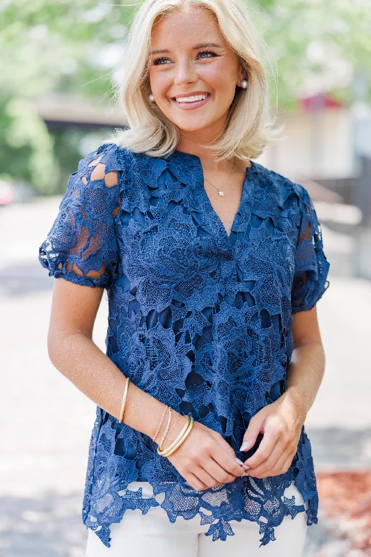 Detailed Dreams Navy Blue Lace Blouse