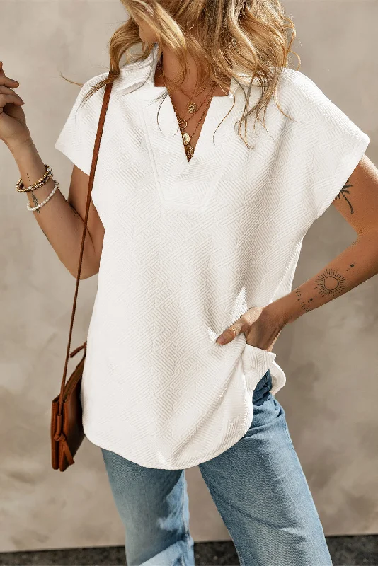 Textured V Neck Collared Short Sleeve Top