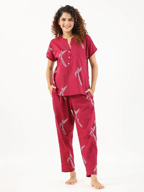 Wine Conversational Eagle printed Night suit set with pyjama