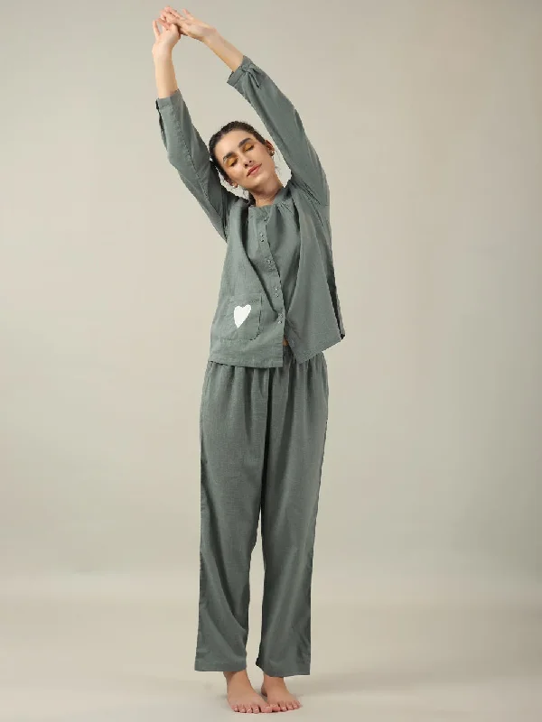 Grey solid Cotton Night SUIT