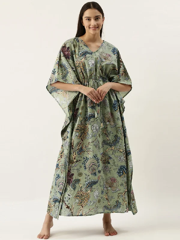 Green Cotton Printed Kaftan Maxi Dress