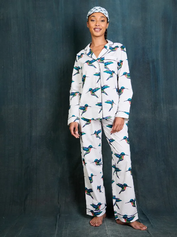 Womens Cotton Traditional Pyjamas White Hummingbird