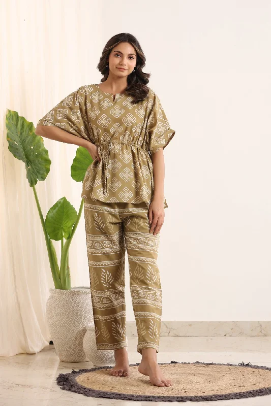 Mustard & White Printed Kaftan Set